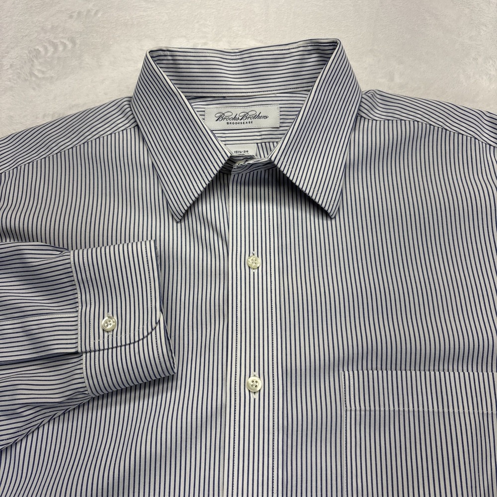 Brooks Brothers Shirt Mens 15.5x34 Blue/White Striped Brooksease Button Up Dress